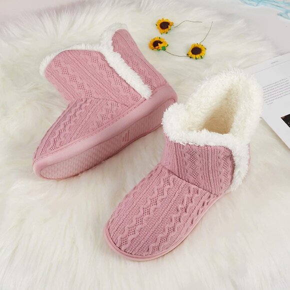 Women's Winter Warm Fluffy Fur Lined Plush Light Pink Bootie Slippers Shoes - Picture 6 of 7